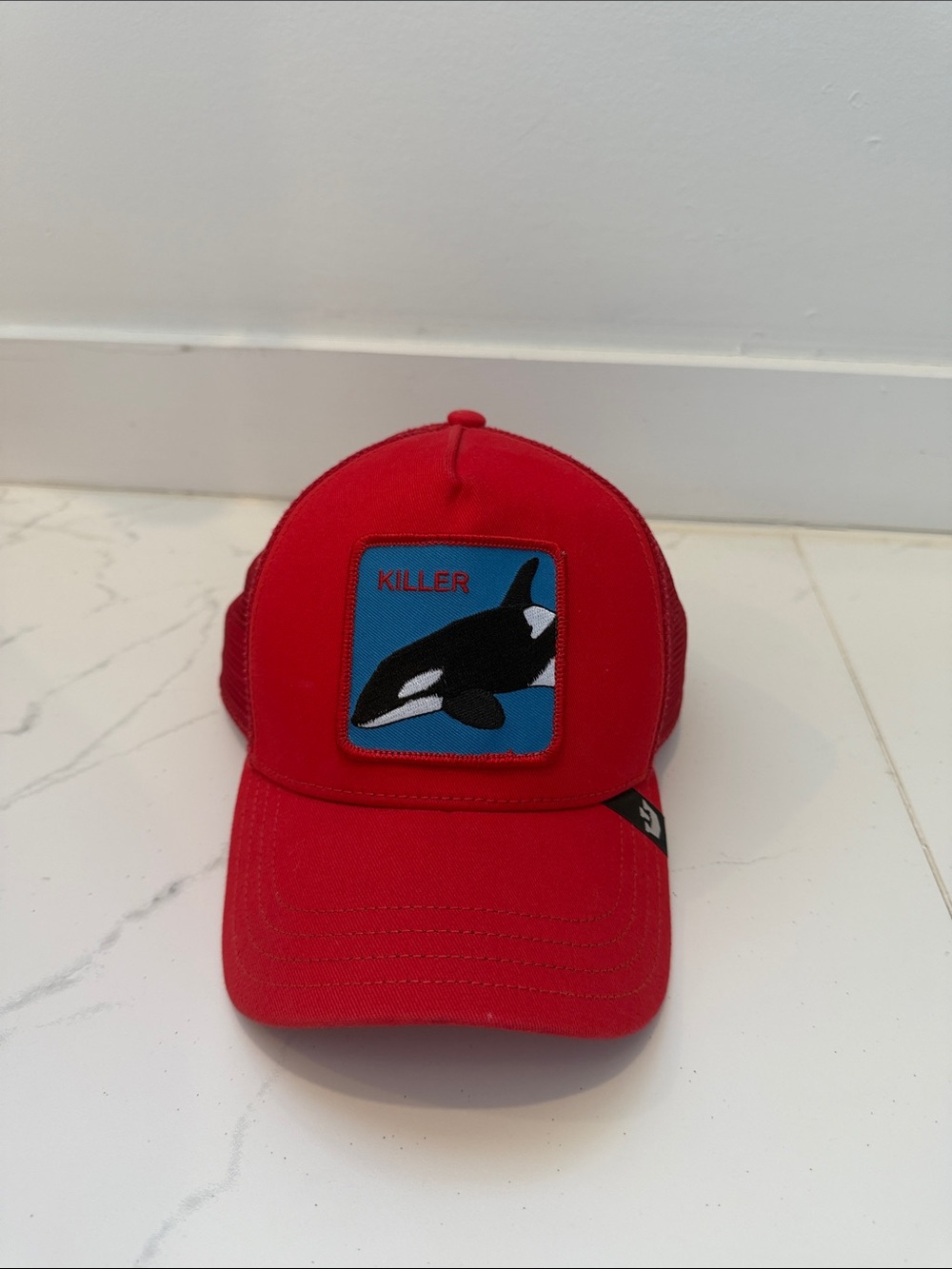 Goorin Bros “Killer” Red Trucker Hat with Killer Whale Patch